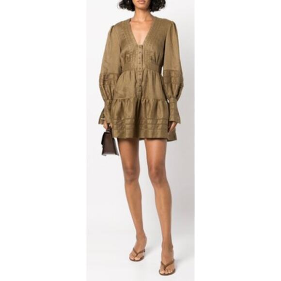 Shona Joy Benedetta Plunged Mini Dress Womens 2 Bayleaf Brown Linen Fit & Flare - Picture 1 of 16